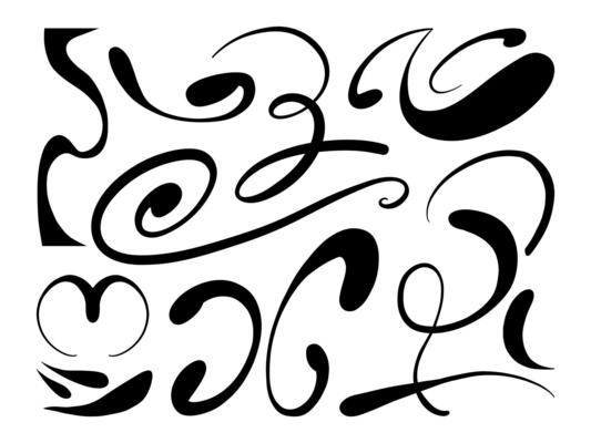 Expressive Swirl and Flourish Stroke. A bold and artistic collection of 14 hand drawn abstract flourishes and swirl strokes with dynamic motion, ideal for layout accents or decorative compositions