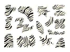Zebra Stripe Abstract Cutout Shape. A collection of 14 bold abstract shapes with black zebra stripe patterns on cream backgrounds. Includes organic blobs, geometric cuts, and playful motifs vector