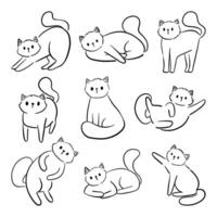 Adorable Hand Drawn Cat Pose Line Art. A collection of 9 playful and expressive cat illustrations drawn in clean minimalist line art. Perfect for pet themed designs, and cozy digital products. vector