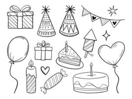 Hand Drawn Celebration and Party Icon Line Art. A collection of 15 hand drawn party elements. Each icon is sketched in line art style, ideal for birthday invitations, greeting card, and festive design vector
