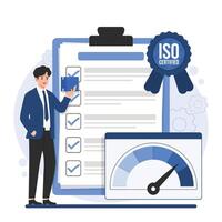 Quality control concept. illustration in flat cartoon style. Man with document, meter and seal. vector