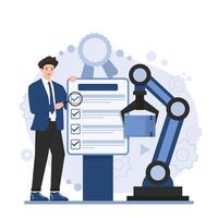 Quality control concept smart factory worker with robot arm and checklist. Smart factory industry concept. vector