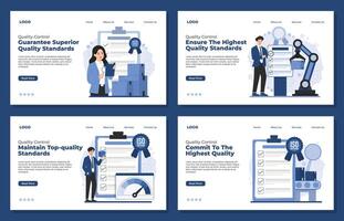 Landing page template Quality control concept illustration showcasing ISO certification and product inspection process for business standards vector