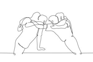 group of young men standing over table hugging shoulders - one line art . concept friends hugging, teammates celebrating, achieving team success vector