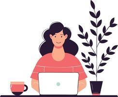 Flat illustration of a woman working on a laptop at a modern workspace with a potted plant and coffee in a minimal digital art vector