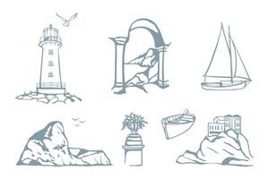 Seaview theme hand drawn elements set. Various seaside design for card, poster, social media, travel vector