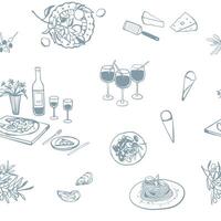 Hand drawn Italian food in sketch style. Seamless pattern with Mediterranean cuisine for textile, fabric, wrapping paper vector