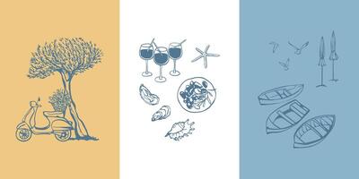 Hand drawn posters with Italian vacation theme elements. Minimalist design for greeting cards, poster, postcards, branding, logo, background vector