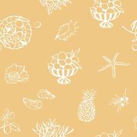 Fruits on the beach seamless pattern. Simple hand drawn lemons, pineapple, seashells, starfish on yellow background vector