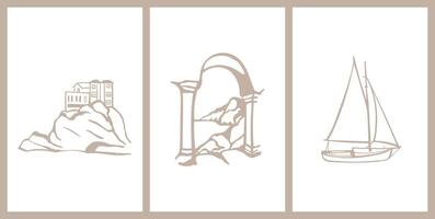 Hand drawn design for posters with sea view theme elements. Minimalist design for greeting cards, poster, postcards, branding, logo, background vector