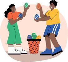 Flat illustration showing two character playing egg toss game vector