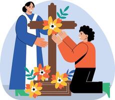 Flat illustration showing two characters decorating cross with flowers vector