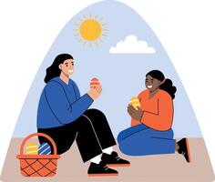 Flat illustration showing two character enjoying easter picnic vector