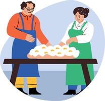 Two character making break on easter, flat illustration vector