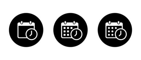 Calendar with time icon set on black circle. Date schedule with clock sign symbol vector
