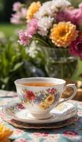 A delicate teacup with steaming tea on a floral tablecloth, surrounded by blooming flowers, creating a serene and inviting atmosphere. photo
