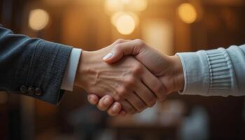 A close-up of two hands shaking, symbolizing agreement and collaboration in a professional setting, highlighting the importance of partnership and connection. photo