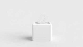 A white ballot box with a card being inserted, representing elections or voting processes. Useful for civic engagement and democratic themes. photo