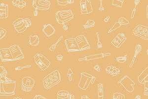 Seamless pattern of baking accessories. Kitchen utensils in doodle style on beige background. Trendy modern print for your design. vector