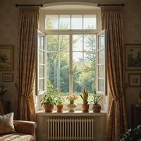 A cozy room with an open window framed by decorative curtains, sunlight filtering in, and potted plants lined up on the windowsill, creating a warm, inviting atmosphere. photo