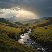 A breathtaking landscape featuring rolling hills and a winding river under a dramatic sky, illuminated by sunbeams breaking through the clouds, with a hint of a rainbow. photo