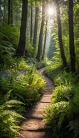 Sunlight streams through a lush forest, illuminating a dirt path lined with ferns and wildflowers, evoking a sense of peace and natural beauty. photo