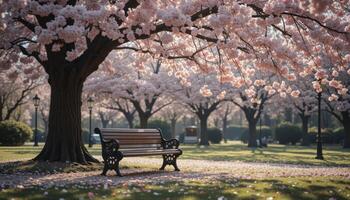 A tranquil park scene showcasing a rustic bench beneath a flowering tree, inviting relaxation in a beautiful nature setting. Perfect for relaxation and outdoor themes. photo