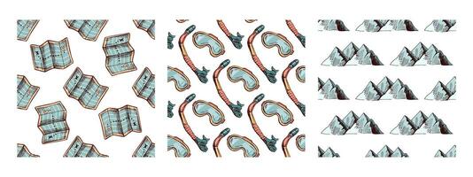 Set of seamless travel patterns with map, snorkeling mask and mountains in hand drawn sketch vintage style vector