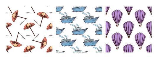 Set of seamless patterns with beach umbrella, cruise ship and hot air balloon in hand drawn sketch vintage style vector