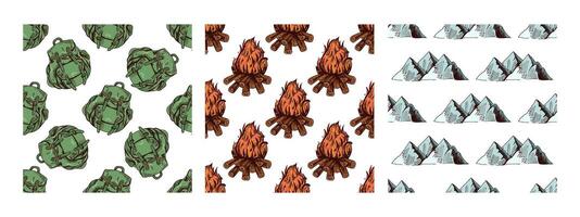 Set of seamless patterns with hiking backpack, campfire and mountain range in hand drawn sketch vintage style vector
