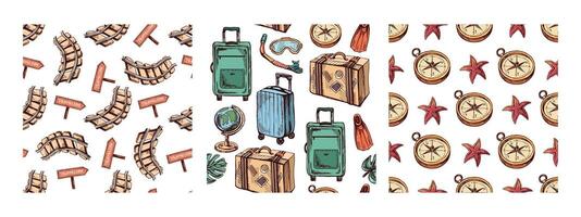 Set of seamless travel patterns with road signs, railway tracks, suitcase, diving mask, flippers and globe in hand drawn sketch vintage style vector