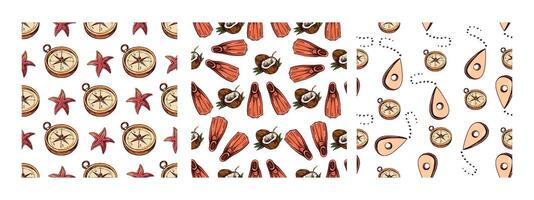 Set of seamless travel patterns with compass, coconut, flippers and location markers in hand drawn sketch vintage style vector