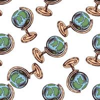 Seamless pattern with colored hand drawn globes in green and blue colors in vintage style vector