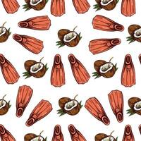 Seamless pattern with hand drawn coconuts and flippers in hand drawn sketch vintage style vector