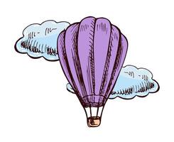 Hand-drawn colored sketch set of hot air balloon and clouds in vintage style vector