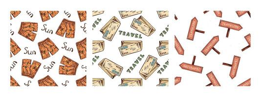 Set of seamless travel patterns with shorts, tickets and direction signs in hand drawn sketch vintage style vector