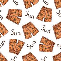Seamless pattern with hand drawn beach shorts and palm print in hand drawn sketch vintage style vector