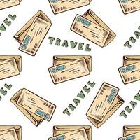 Seamless pattern with envelope and travel text in hand drawn sketch style, vintage beige and green color vector