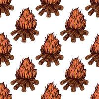 Seamless pattern with colored hand drawn campfire and burning logs in warm colors in vintage style vector