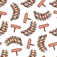 Seamless pattern with curved railroad tracks and travel signs in hand drawn sketch vintage style vector