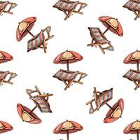 Seamless pattern with colored hand drawn beach chairs and umbrellas in vintage style vector