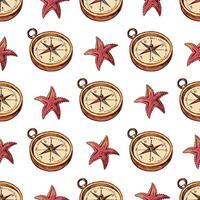 Seamless pattern with hand drawn compass and starfish in hand drawn sketch vintage style vector