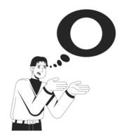 Frustrated korean man gesturing with thought bubble circle 2D line character. Thinking, mental conflict. Asian guy problem solving isolated ink outline person. Monochromatic spot illustration vector