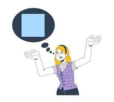 Frustrated blonde woman raising arms with thought bubble square 2D cartoon character. Misunderstanding. Communication issue. Explaining flat person isolated on white. Spot illustration colorful vector