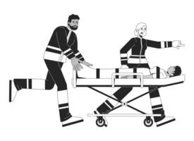 Diverse paramedics rushing with patient on stretcher 2D line characters. Emergency responders transporting unconscious woman isolated ink outline people. Monochromatic spot illustration vector