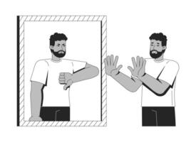 Low self esteem mirror line illustration concept. Insecurity, inner critic. Mental health. Black man facing harsh negative self-image outline 2D character isolated. Ink linear drawing art vector