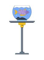 Dead fish floating in round fishbowl placed on table stand 2D cartoon object. Aquarium pet neglect, loss. Tragedy goldfish fishtank isolated element flat clip art on white. Spot illustration vector