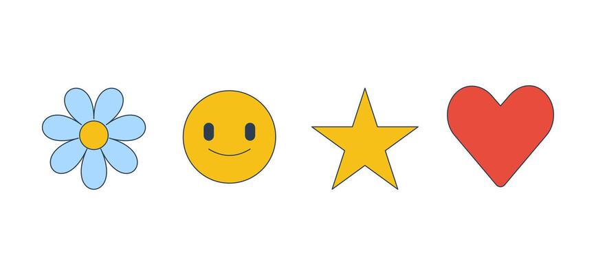 Positive symbols 2D line objects set. Happiness, love and