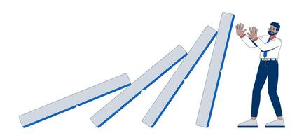 Economic troubles 2D illustration concept. Domino chain reaction collapse. Businessman trying to stop falling dominoes from toppling cartoon character isolated on white. Flat abstract graphic vector