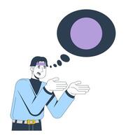Frustrated korean man gesturing with thought bubble circle 2D cartoon character. Thinking, mental conflict. Asian guy problem solving flat person isolated on white. Spot illustration colorful vector